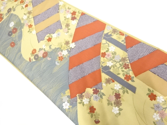 JAPANESE KIMONO / VINTAGE FUKURO OBI / WOVEN KIKU & SAKURA